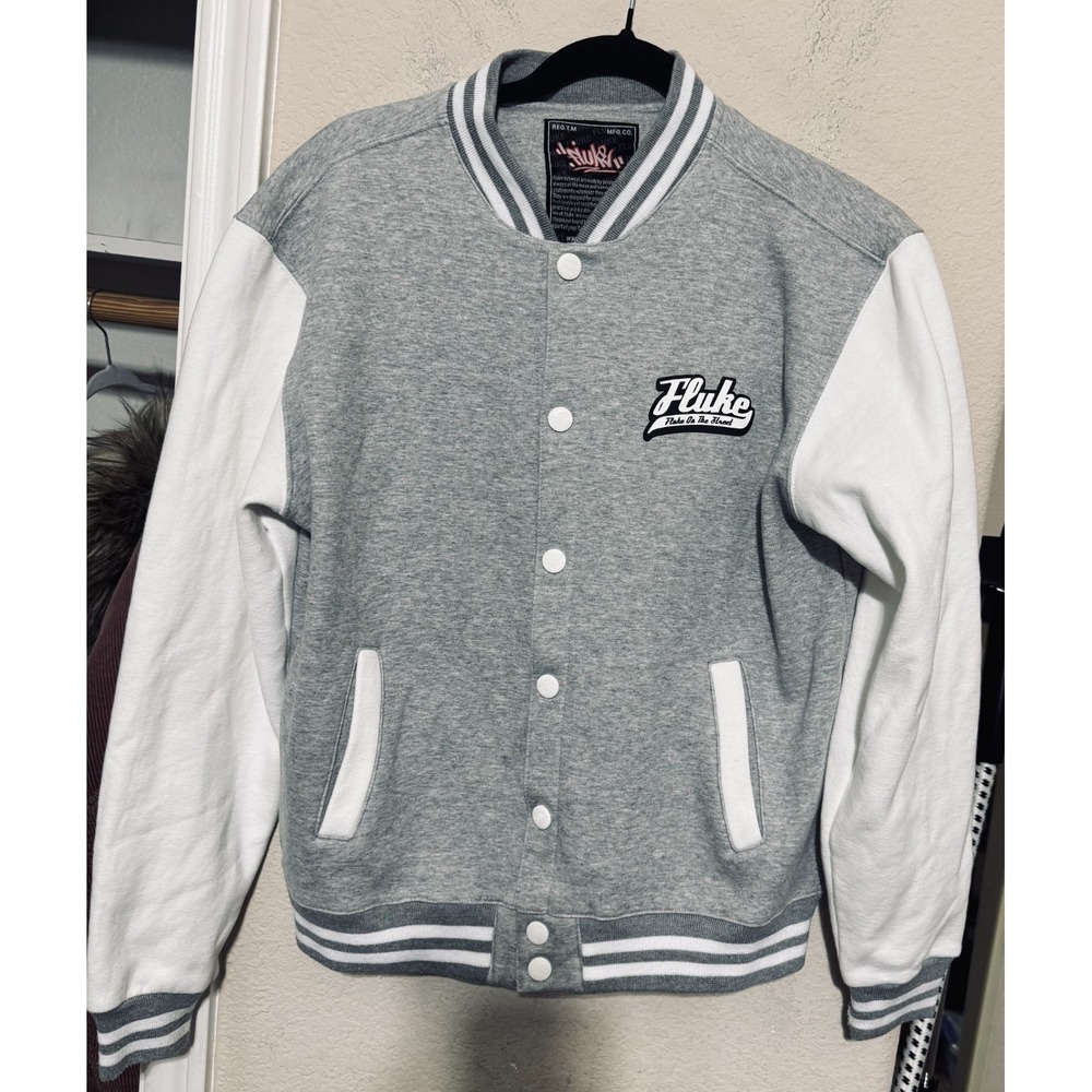 Fluke Skate Dept Varsity Jacket Mens Large Grey White Letterman Streetwear Skate